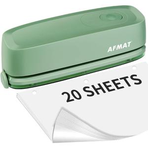 AFMAT HP10 Electric 3 Hole Punch, Three Hole Punch Heavy Duty, 20-Sheet Punch Capacity, AC or Battery Operated, Effortless Punching, Long Lasting Paper Punch for Office, School, Studio, Green