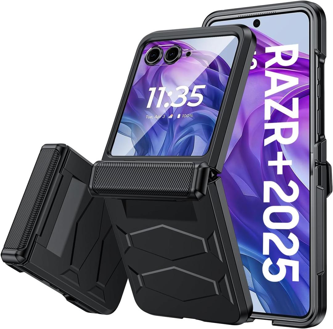 Vizvera for Motorola Razr+(Plus) 2025 Case with Hinge Cover,Built-in Screen Protector Shockproof All-Inclusive Smartphone Cover Wireless Charging for Motorola Razr+(Plus) 2025(Black)