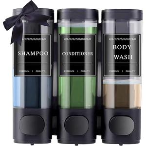 Shower Soap Dispenser 3 Chamber No Drill, Wall Mounted Shampoo and Conditioner Dispenser for Shower, Wall Mount Shampoo Dispenser Set for Bathroom Hotel Kitchen RV, Black.