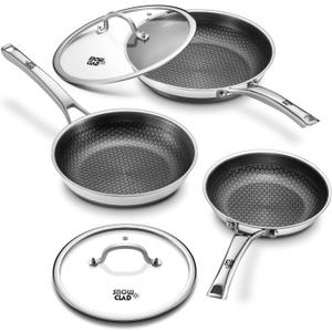 Non Stick Frying Pans with 2 Lids, 8+10+12 inch, Hybrid Frying Pans Set Nonstick,Skillets Stainless Steel Fajita, Dishwasher & Oven-Safe, Induction Compatible Cooking Pan, PFOA Free Cookware