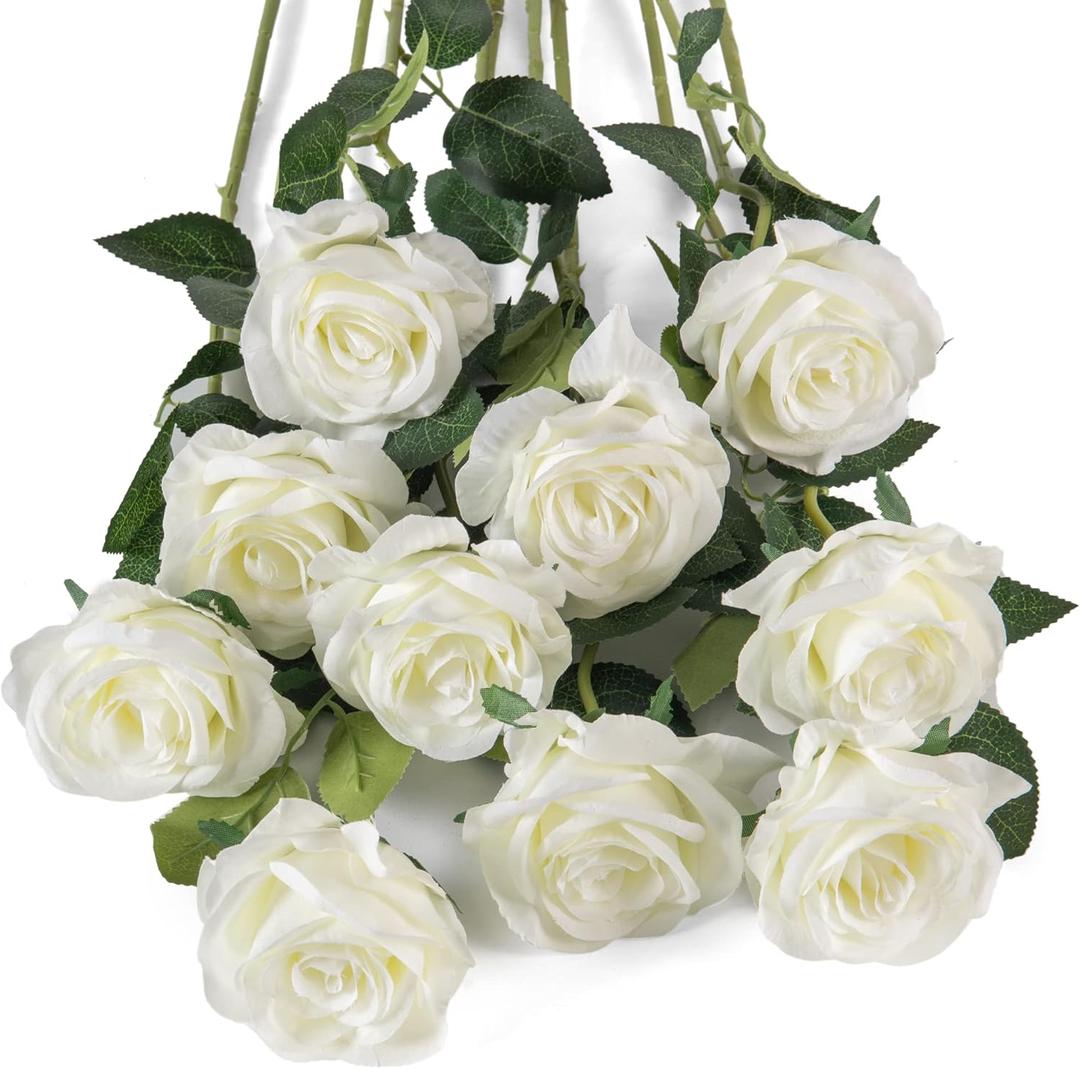 Flojery 10pcs White Silk Roses Artificial Rose Flowers Long Stem for DIY Wedding Bouquet Table Centerpiece Home Decor