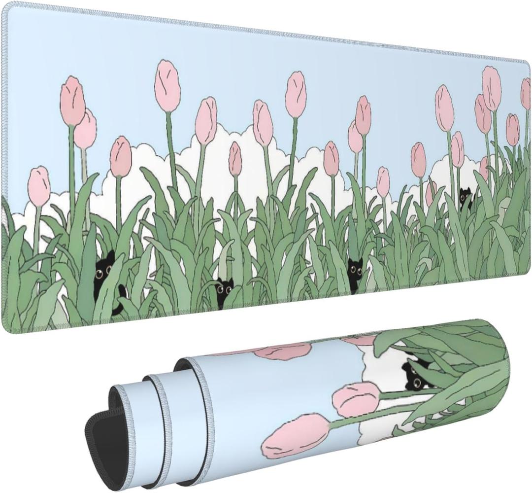 Tulip Flower Cat Mouse Pads,Large Cute Anime Gaming Desk Mat,Kawaii Pink Floral Sage Green Plant Mousepad for Women Girls,Aesthetic Desktop Keyboard Mat with Stitched Edges for Office Home,31.5x12in