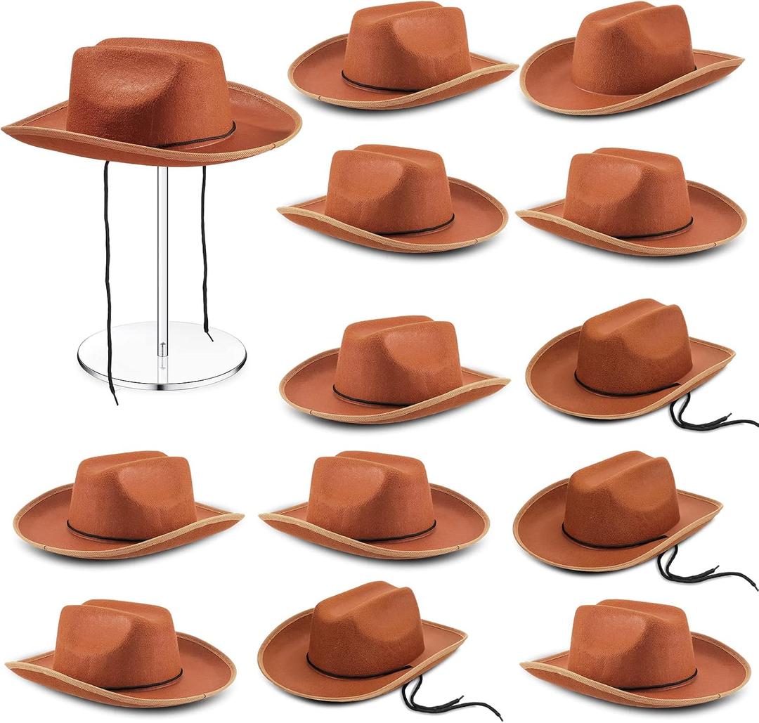 Funtery 12 Pack Kids Cowboy Hat, Felt Western Rodeo Hat Bulk for Boy Girl, Wild West Theme Party Costume Dress up Accessories(Brown), Small