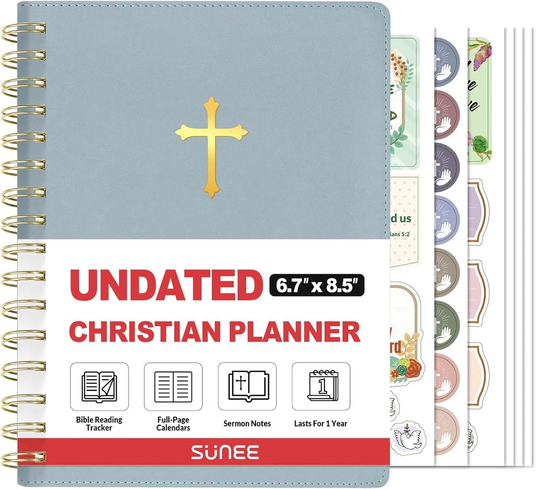 SUNEE Christian Planner - Undated 12 Month Bible Journal and Prayer Planner A5 Spiral Bound, Monthly & Weekly Christian Organizer Gifts for Women Men (Grey Blue)