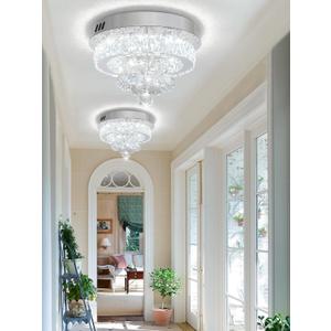 Dia 12" Mini Chandelier Flush Mount Chandelier for Hallway, Crystal Ceiling Chandeliers for Dining Room, Bedroom, Living Room, Entryway, Kitchen (Chrome Ceiling Light Fixture)