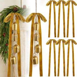 2 Pcs Christmas Cow Bells with 8 Pcs Khaki Velvet Bows Vintage Rustic Gold Bell with Hanging Rope Ornaments Ribbon Bows for Xmas Tree Wall Home Decor Wreath Garland Garden Indoor Outdoor