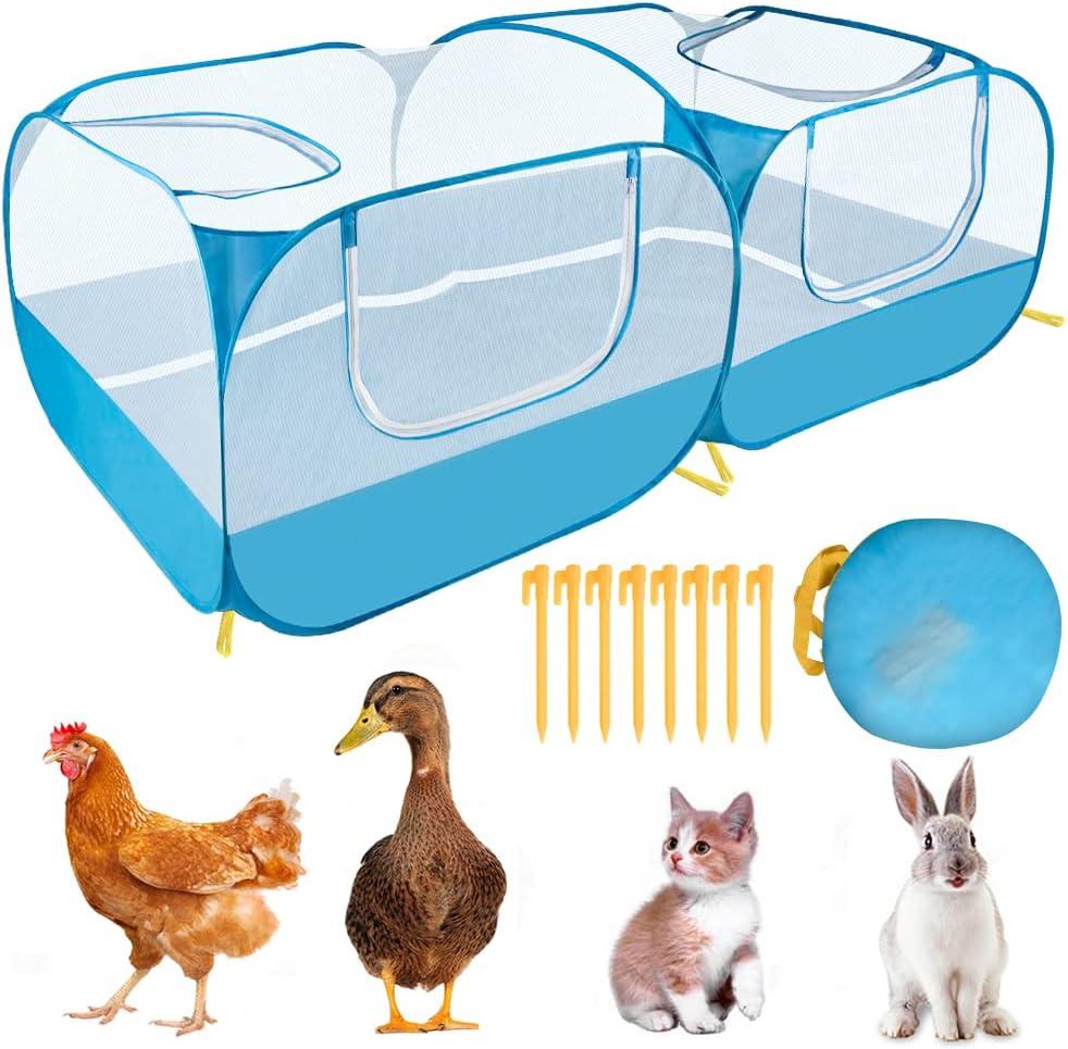 Lukovee Small Animals Playpen, Chicken Pen with Escape-Proof Detachable Bottom & 4 Zipper Doors, Breathable Foldable Portable Large Chicken Run Coop for Puppy Duck Kitten Rabbits Outdoor Yard (Blue) (Blue - with Escape-proof Bottom)