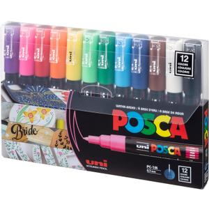 uni Posca Acrylic Paint Art Markers, Set of 12 Extra Fine Point Thin Paint Pens for Coloring Gifts, Fabric, Metal, Glass, Rocks, Wood and Canvas, Assorted Colors, PC1M12C