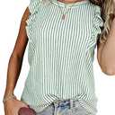 Melliflo Womens Ruffle Short Sleeve Crewneck Striped Shirt Casual Blouses Business Work Tops Summer Outfits Tank Tops (Green, XL)