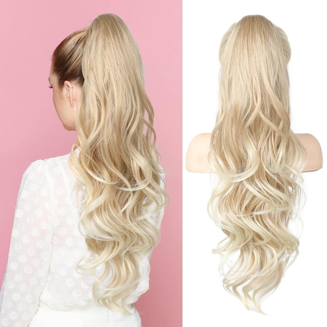 Flufymooz 26" Ponytail Extension, Long Wavy Curly Claw Clip in Ponytail Hair Extensions, Natural Synthetic Hairpiece for Women Daily Wear(Blonde to Light Blonde)