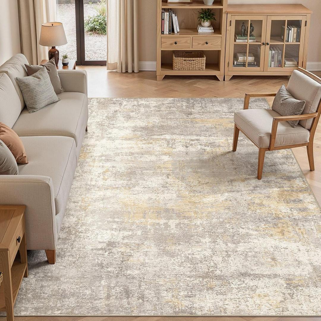 7x9 Area Rugs Living Room: Washable Abstract Rug Gold Grey Brown