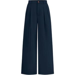 KIRUNDO Wide Leg Dress Pants for Women High Waisted Office Work Trousers Business Casual Slacks Button Flowy Palazzo Pant (Large, Navy Blue)