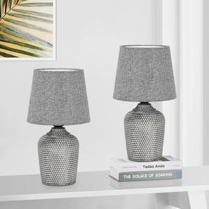 Small 12'' Table Lamps Set of 2, Bedside Nightstand Lamps for Bedroom Kids Room, Cute Desk Lamps with Studded Texture Base for Reading Nursery Living Room Office, Grey