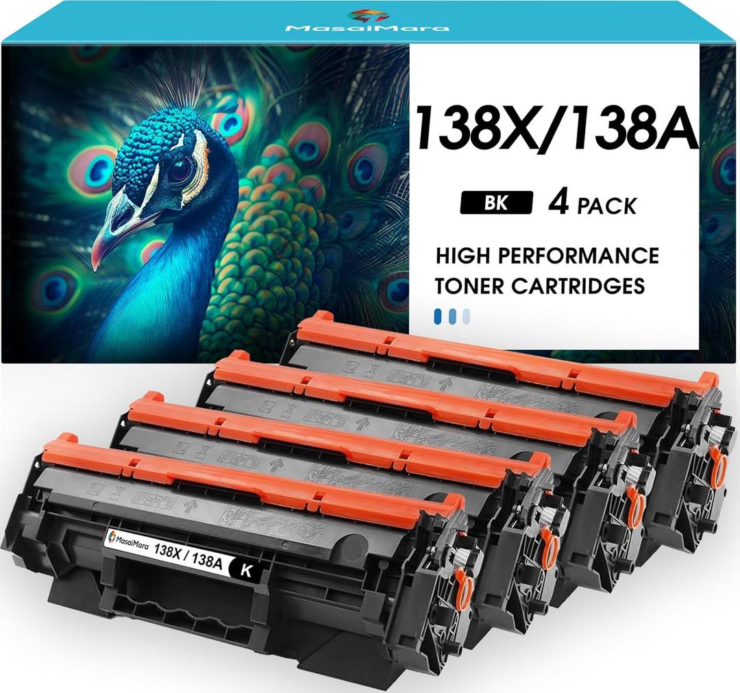 MasaiMara 138X 138A High Capacity with Chip Compatible Toner Cartridges Replacement for HP W1380X W1380A LaserJet Pro 3001dw 3001dn 3001fdw MFP 3101fdw MFP 3101fdn Printer (Black, 4-Pack)