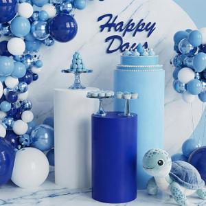 Tigeen 3 Pcs Cylinder Pedestal Stand Covers for Party Cylinder Pedestal Covers Decoration Elastic Pillars Plinth Display Cover for Birthday Wedding Baby Shower Table Decor(Classic,Blue and White)