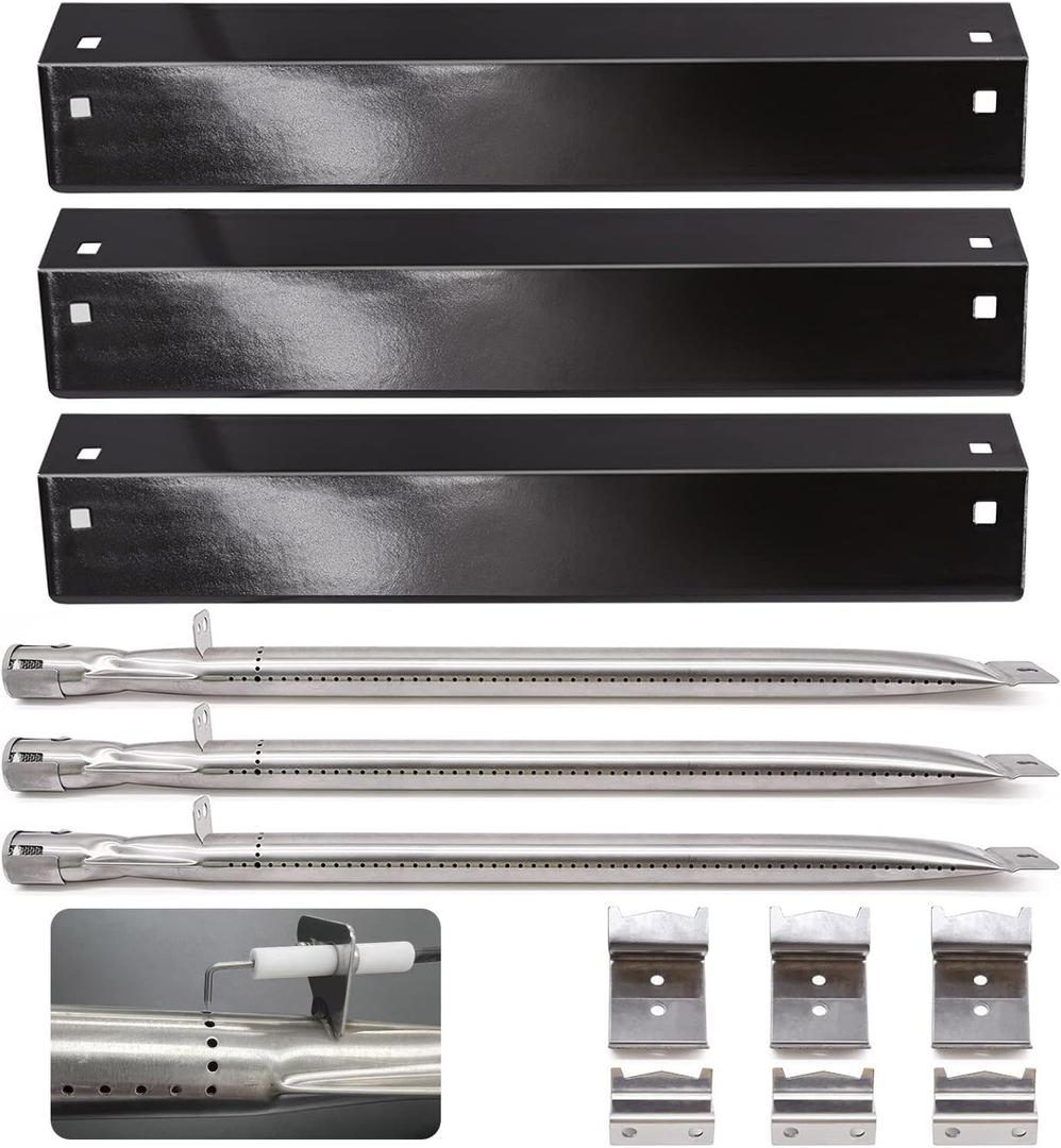 Grill Parts Compatible with Char Griller 5050 3001 5650 3072 3030 3008 5252 & King Griller - Burners, Flame Shields, Igniters & Hanger Brackets - Repair Kit for Char Griller Replacement Parts