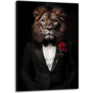 OAAPITI Lion In Suit Wall Art Gentleman Lion With Rose Canvas Print Elegant Animal Art for Living Room Bedroom Bathroom Modern Home Decoration(Artwork-6,16"x24")