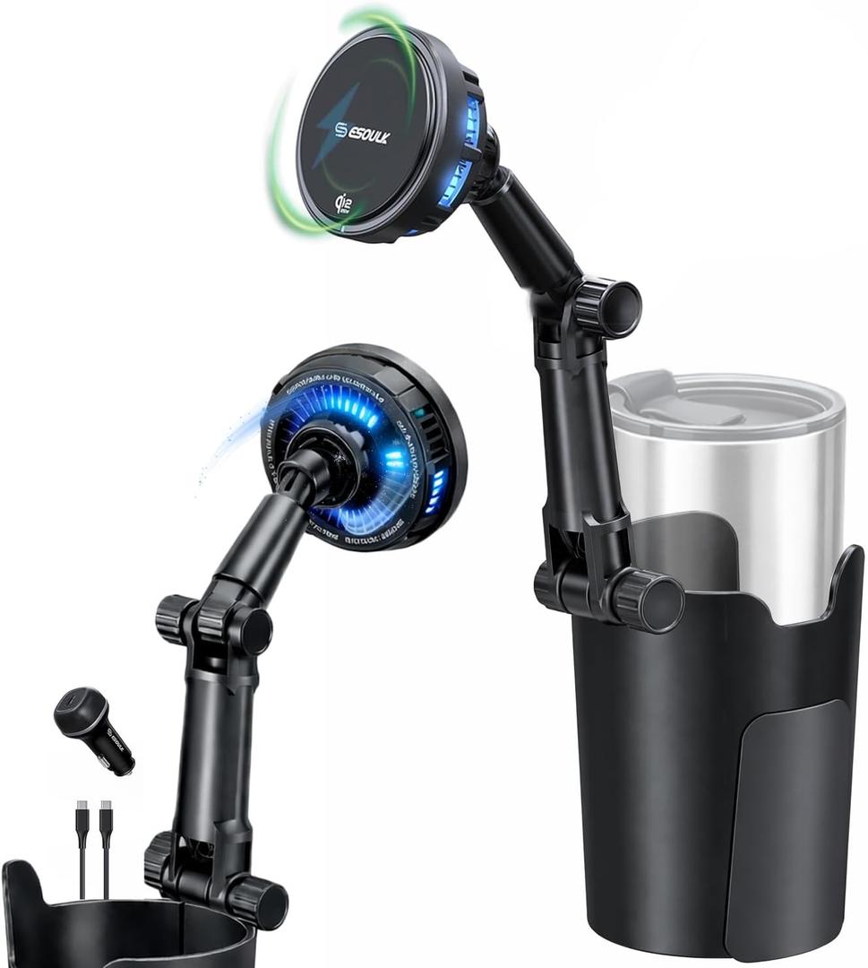 [2026 Upgraded] Qi2 25W Fast Wireless Car Charger with Cooling Fan, Cup Holder Phone Mount with Adjustable Long Arm, Magnetic Fast Charging Holder for iPhone & Android