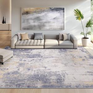 Washable Area Rugs 9'x12' Non-Slip Modern Abstract Soft for Living Room Entryway Bedroom, Print Pattern, Purple Grey Cream Yellow