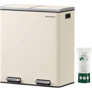 SONGMICS Trash Can, 2 x 8 Gallon (2 x 30 L) Garbage Can for Kitchen, with 15 Trash Bags, 2 Compartments, Plastic Inner Buckets and Hinged Lids, Airtight, Almond Color ULTB201A01