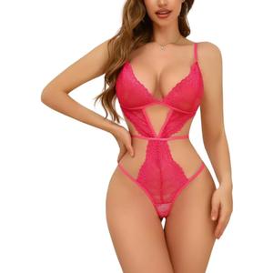 Women Lingerie Bodysuit Lace Teddy Snap Crotch One Piece Underwire Babydoll (Medium, Hot Pink)