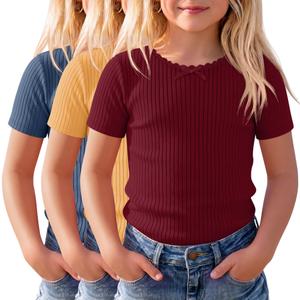 LessonZoo 3 Pack Girls Short Sleeve Shirts Ribbed Knit Crew Neck Lace Trim Tops Slim Fit Casual Summer T-Shirts Tees for Kids(Haze Blue, Orange Yellow, Wine Red,11-12 Years)