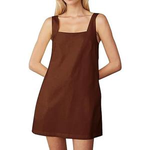Womens Sleeveless Linen Mini Dress Casual Square Neck Backless Short Dresses Solid Summer Tank Shift Sundress with Pockets,Brown, Medium