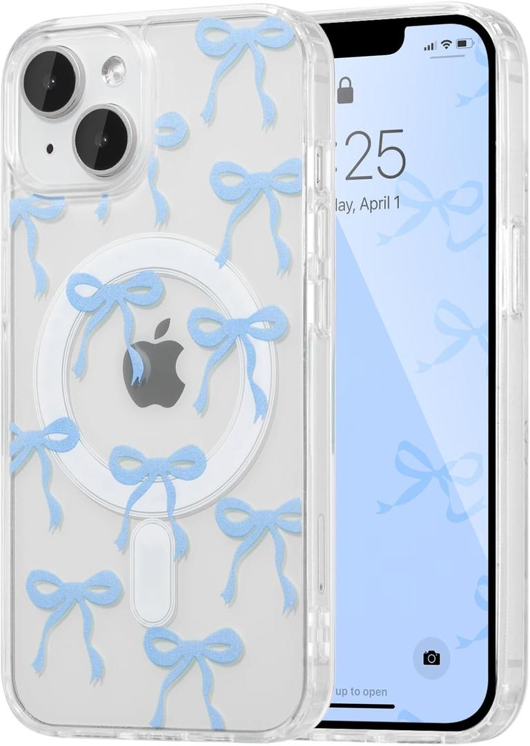 UEEBAI Magnetic for iPhone 14 Case & iPhone 13 Case, Bow Case Compatible with MagSafe, Wireless Slim Clear Ribbon Phone Cover Anti-Yellowing Shockproof Protective Cover for Women Girl - Baby Blue