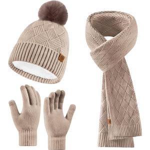 Winter Hats Scarf Gloves for women men,Winter Clothes Knitted Fleece Lined Beanie Thermal Gloves Long Scarf (Kaqi)