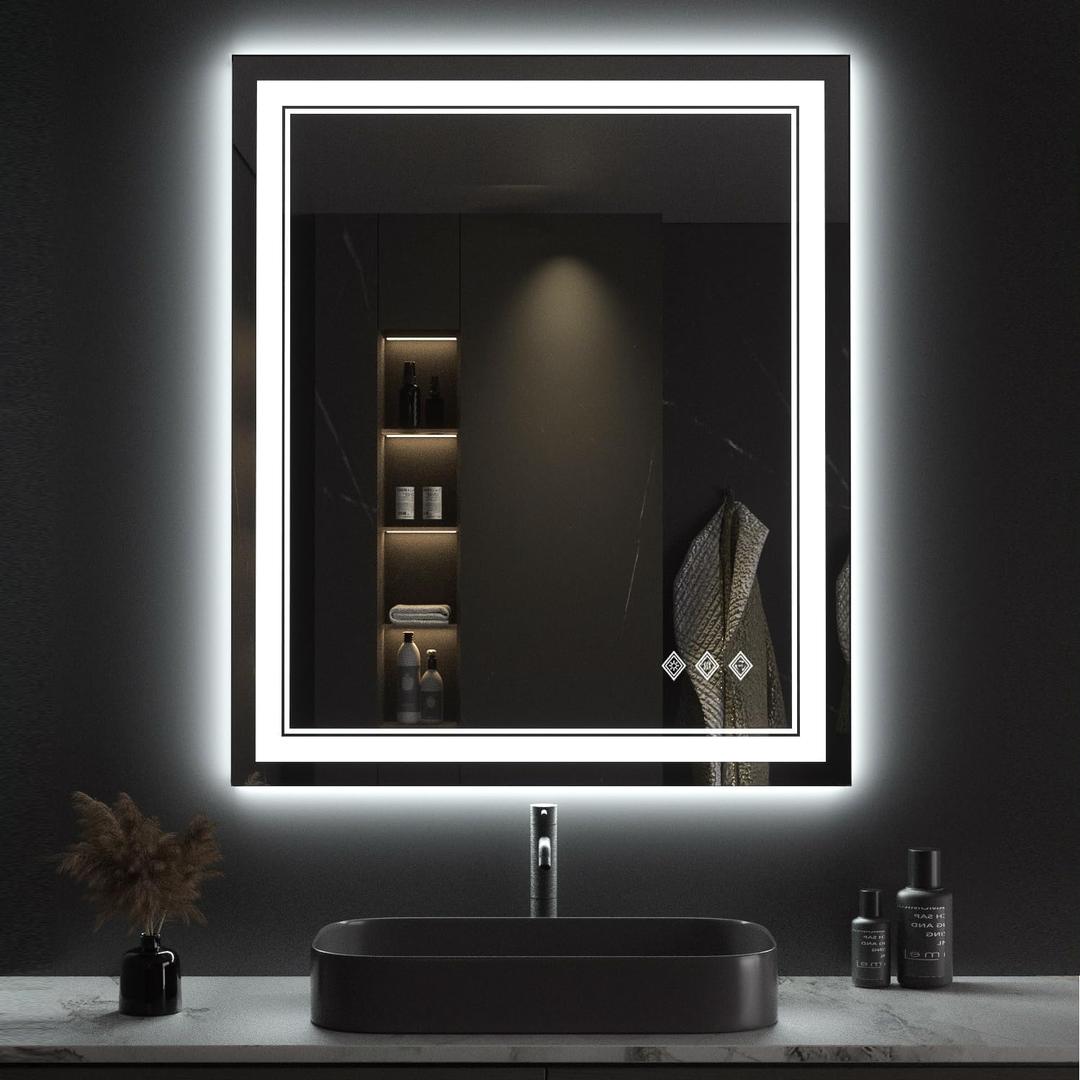 Lighted Mirror, 31x36 Inch Gradient Front and Backlit Bathroom Mirror, 3 Colors Dimmable CRI>90 Double Lights, IP54 Enhanced Anti-Fog, Hanging Plates Wall Mount