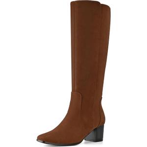 Shoe'N Tale Women's Knee High Boots Square Toe Mid Chunky Block Heeled Tall Boots Side Zipper, 38