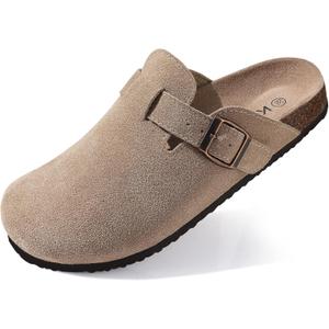KIDMI Women's Suede Clogs Leather Mules Cork Footbed Sandals Potato Shoes with Arch Support (8.5, Taupe)