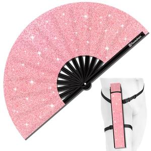 Raveahem Glitter Large Rave Folding Clack Hand Fan with Holster for Men/Women Handheld Fan for EDM, Festival, Club, Party, Dance (Pink)