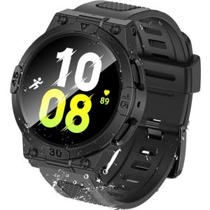 Goton [3 in 1 Waterproof Case and Band for Sumsung Galaxy Watch 5 & 4 44mm, 360 Protective Hard PC Front & Back Bumper with HD Tempered Glass Screen Protector for Samsung Watch Cover Accessories (Matte Black)