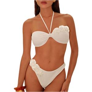 SHENHE Women's Halter Bandeau Bikini Set 3D Flower Swimsuits High Cut Bathing Suits 2 Piece, M