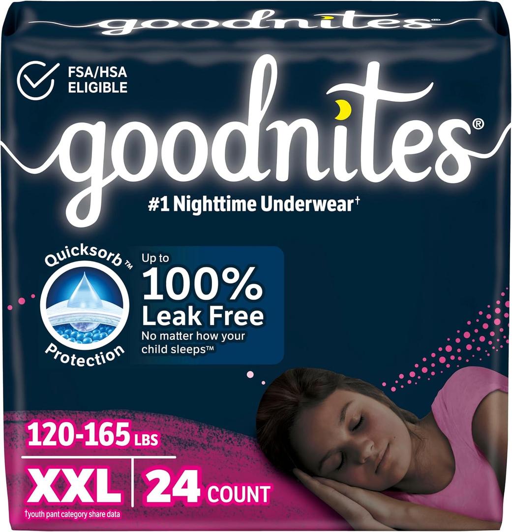Goodnites Girls' Nighttime Underwear, Size XXL (120-165 lbs), 24 Ct (2 Packs of 12)