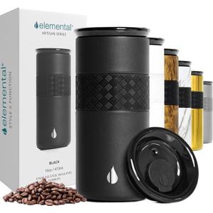 Elemental Artisan Insulated Tumbler, Triple Wall Coffee Travel Mug, Reusable Stainless Steel Coffee Tumbler with Ceramic Lid, Thermal Coffee Cups for Hot (6 Hrs) & Cold (18 Hrs), 16oz - Black