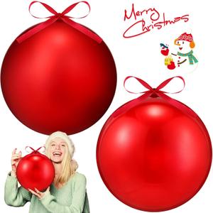 Zubebe 2 Pcs 8" Giant Fillable Christmas Ornaments with Ribbons Oversized Plastic Xmas Balls for Outdoor Lawn Yard Decor, Tree Hanging, Holiday Gifts(Matte Red, Shiny Red)