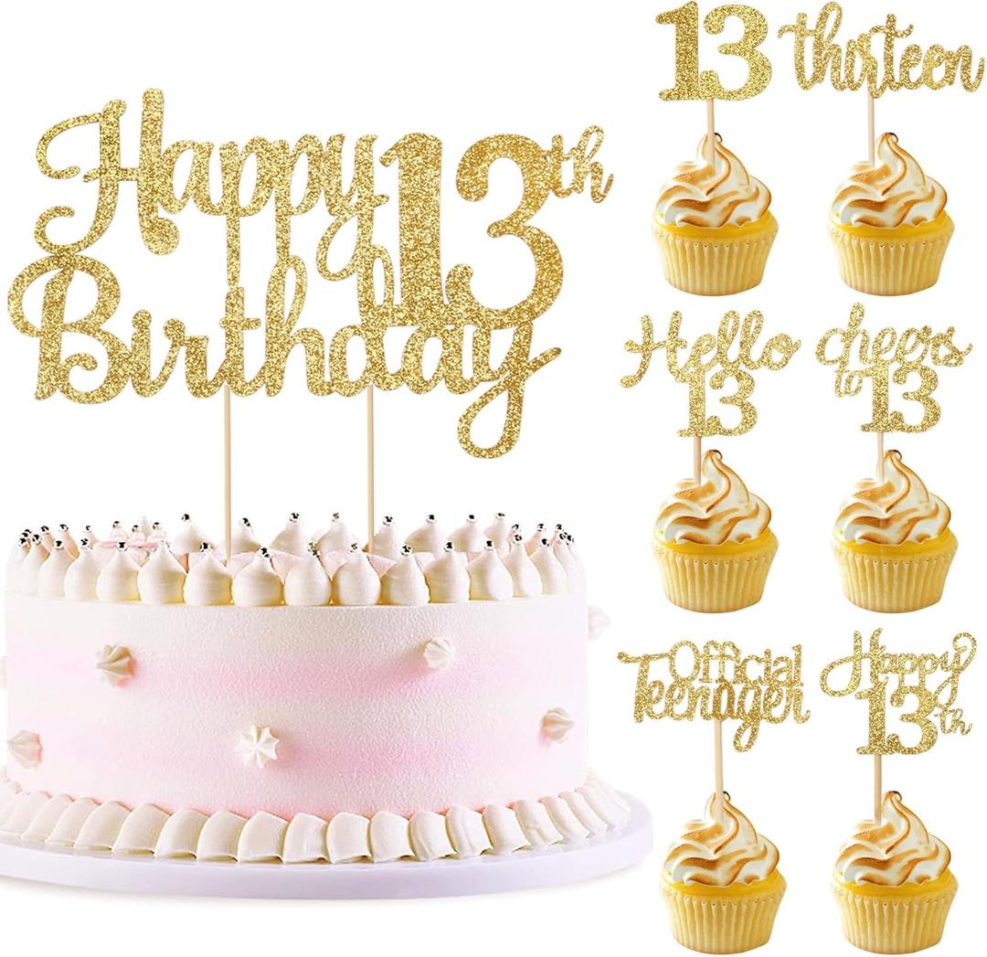 Gold Glitter 13th Birthday Cupcake Toppers Cheers to 13 Years Hello 13 & Fabulous Official Teenager Since 2012 25Pcs Cake Decorations Supplies for Teenager Birthday Party