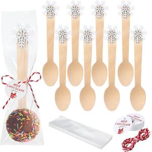 100 Set Christmas Wooden Spoons Hot Cocoa Chocolate Marshmallow Bar Stirring Spoons Chocolate with Tag Bag Rope Gift for Cake Candy Baking(Snowflake,Classic)