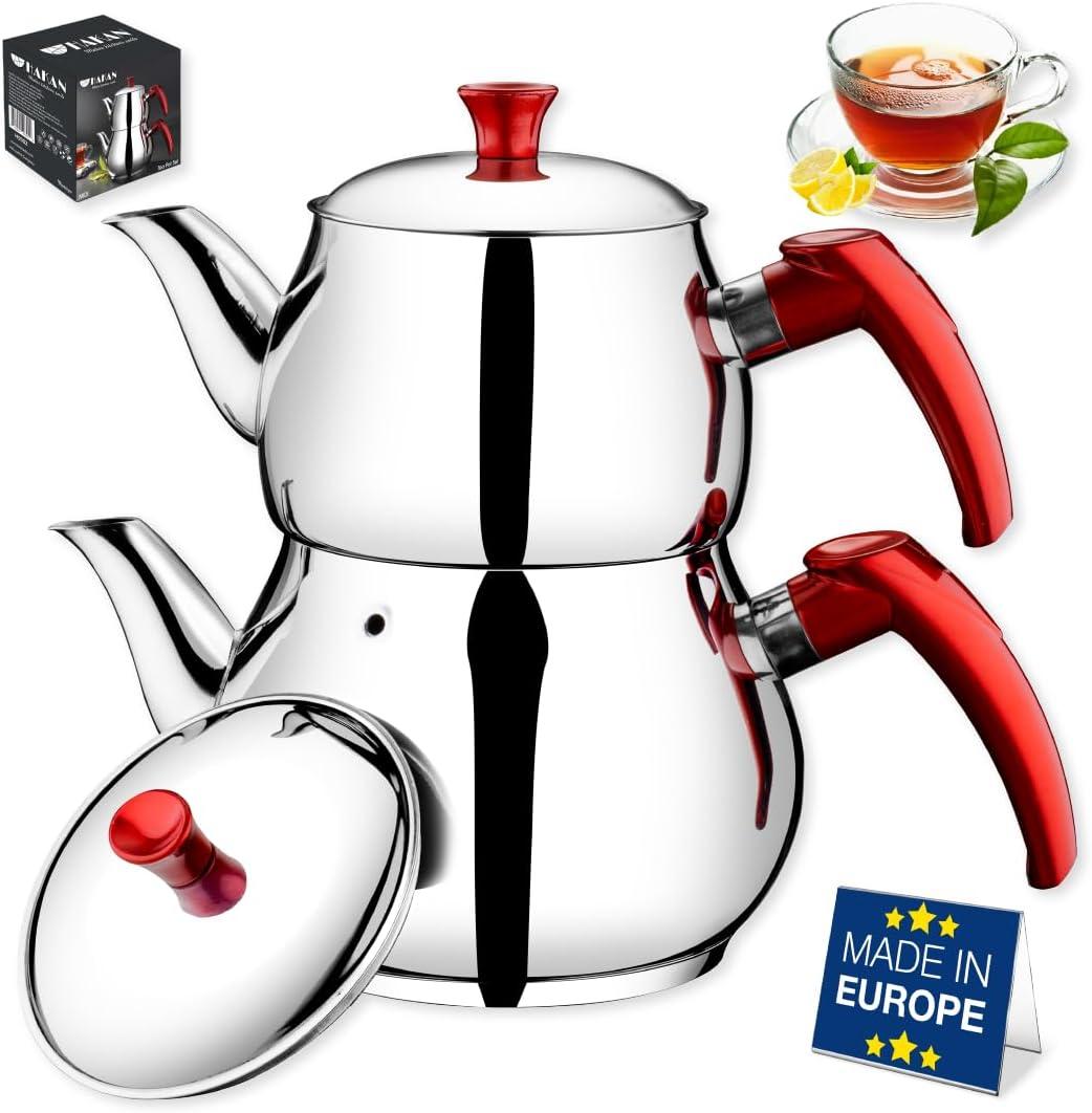 Hakan Teapot Set 93 Oz with Self Strainer Double Lids, Stainless Steel Midi Double Bondy Tea Pot Set 2.8 L, 2.9-Quart, Turkish Samovar Style, Tea Kettle for Loose Leaf Tea with Red Bakelite Handle