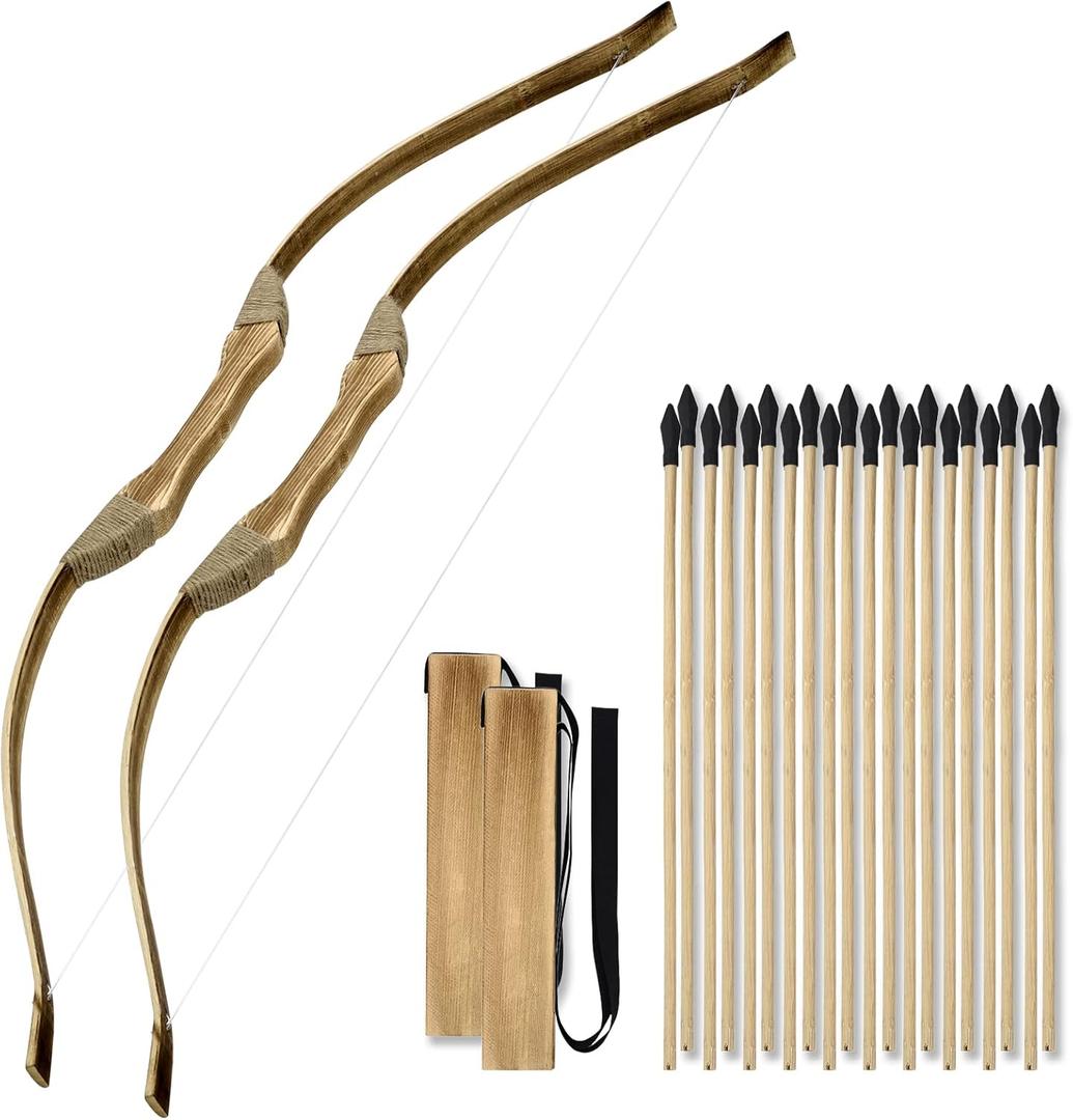 2 Pack Kids Bow and Arrow Set, 32 Inch Archery Set Handmade Wooden Toy Bow and Arrow for Kids 4-6 8-12, Cosplay Game Costume Prop Play, 2 Bows 2 Quivers and 20 Wood Arrows, Gifts for Youth Boys Girls