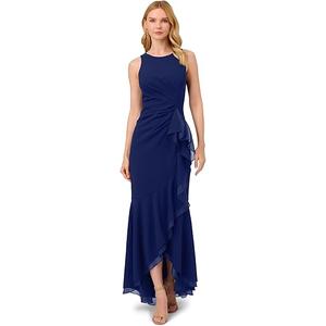 Adrianna Papell Women's Ruffle Crepe Halter Gown (8, Navy Sateen)