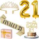 21st Birthday Decorations for Her Gold with 21st Birthday Sash and Tiara, Cake Topper and candles, Number Balloons, 21 Year Old Gifts for Her