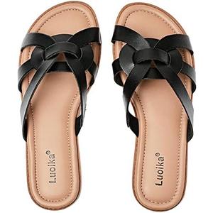 Luoika Women's Wide Width Flat Slides Sandals, Slip on Slide Sandal Casual Comfortable Summer Beach Shoes for Women., Size 9W