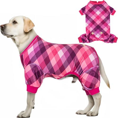 KYEESE Dog Pajamas Soft Checkered Dog Pajamas Velvet Dog Pajamas for Medium Dogs Stretchable Dog Onesie Comfy Dog Coat Dog Pjs Dog Clothes Dog Apparel, Pink, XXL