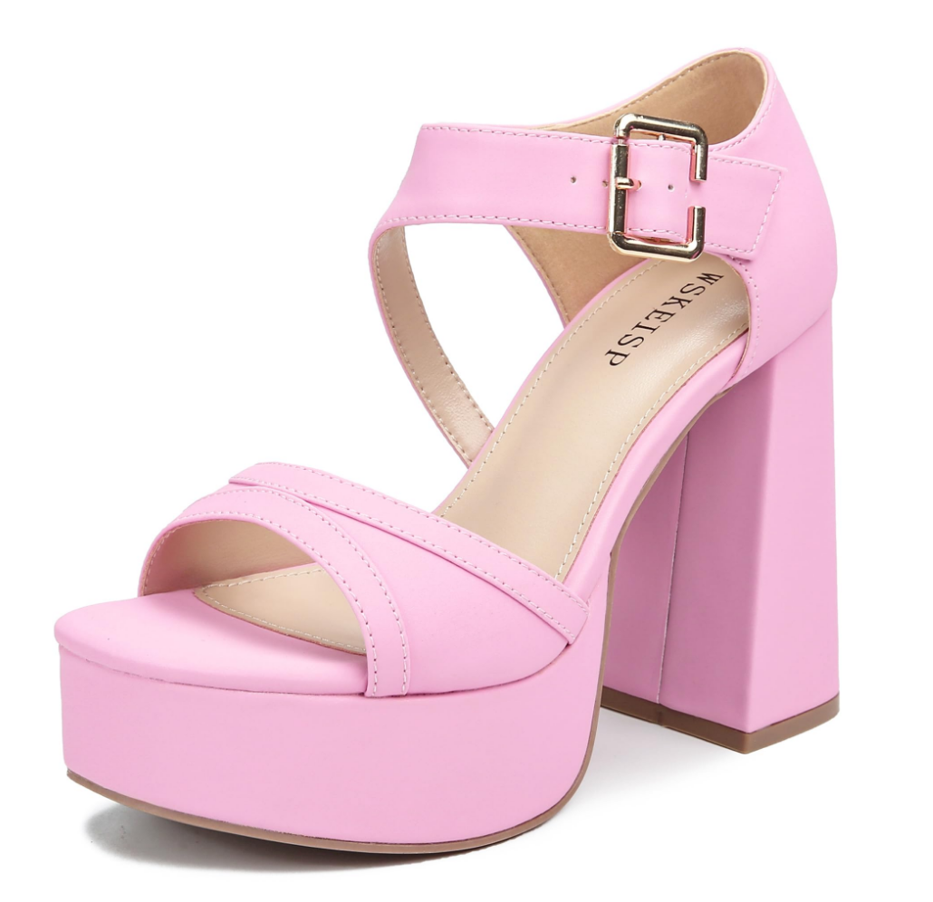 WSKEISP Platform Chunky Heels for Women Trendy Square Toe Heeled Sandals Black White Pink Silver Gold High Heels Ankle Strap Party Wedding Dress Pumps (10.5, Pink)