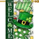 Welcome St Patricks Day Shamrock Clover Decorative House Flag, Green Hat Polka Dot Stripe Gold Garden Yard Outside Decorations, Irish Spring Holiday Outdoor Large Home Decor Double Sided 28x40 (Lucky Grass and Hat)