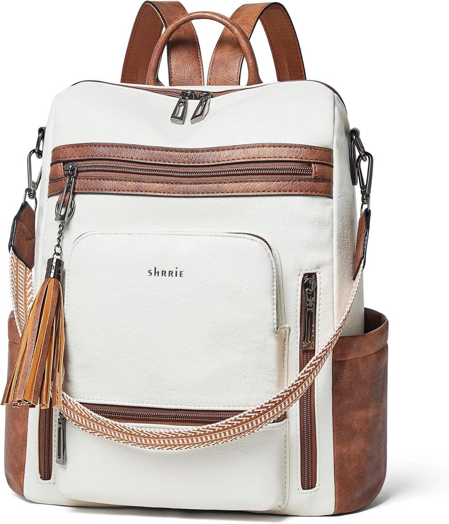 Shrrie Vegan Leather Laptop Backpack for Women 15.6 inch Work Backpack Fashion Travel Backpack Purse for Travel College Work (1 Beige With Brown)