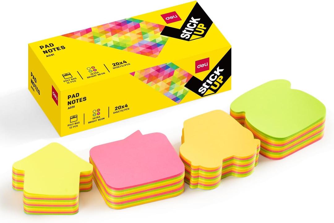 deli Sticky Notes, 12 Pads, 3x3 inches, Colorful Self-Stick Note Pads, Perfect for Office, Study, and Daily Life Organization, Creative Shape